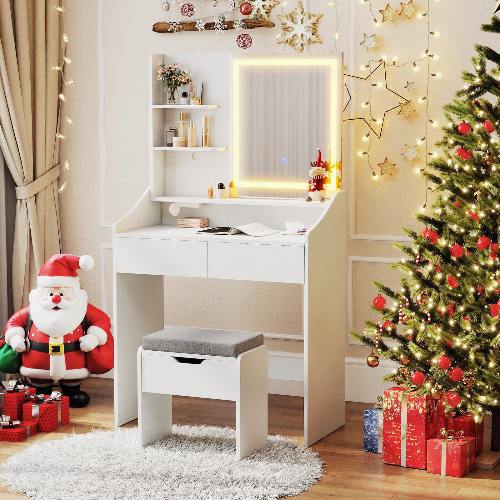 Vanity Desk Set with Built-in Charging Station and Storage Drawers-White
