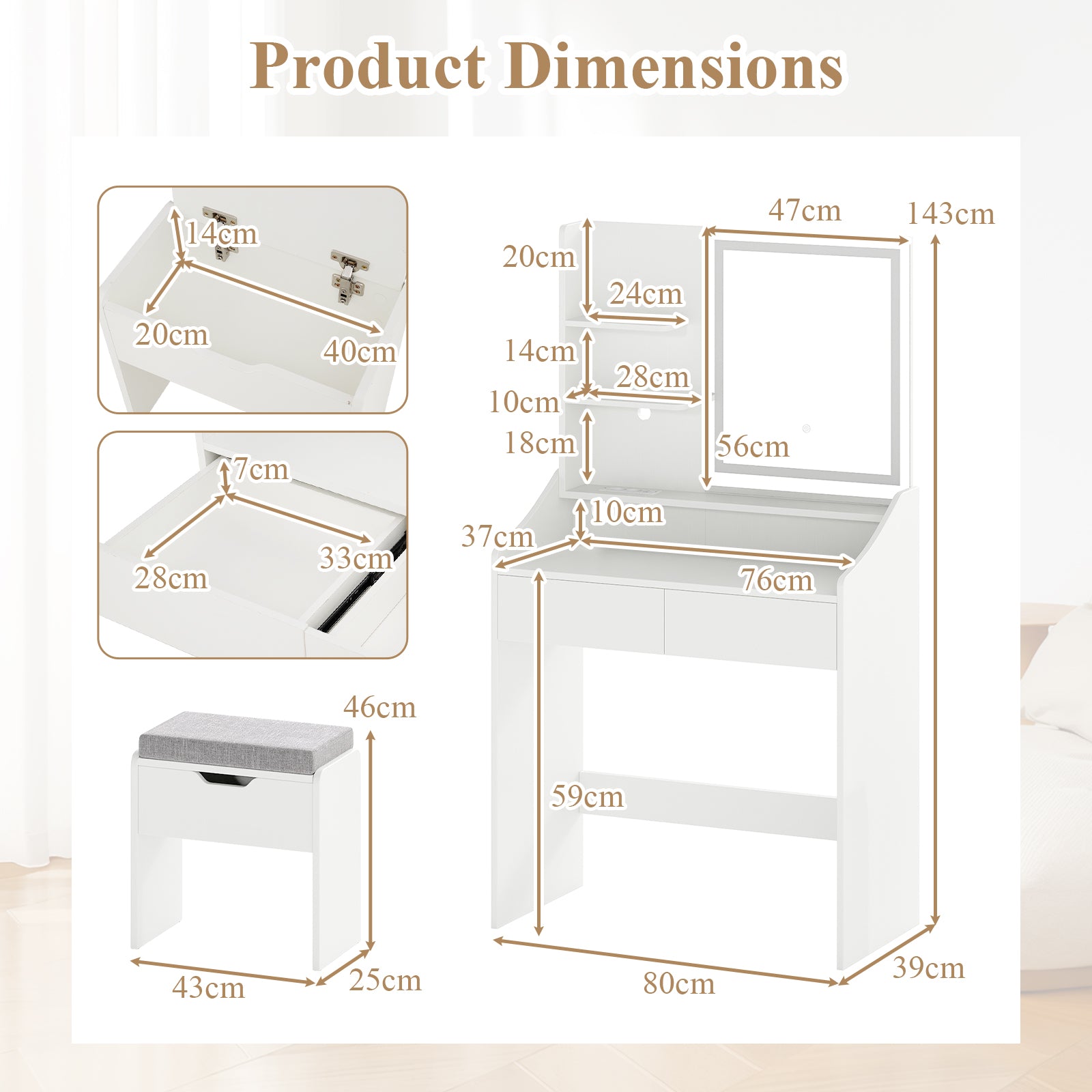 Vanity Desk Set with Built-in Charging Station and Storage Drawers-White