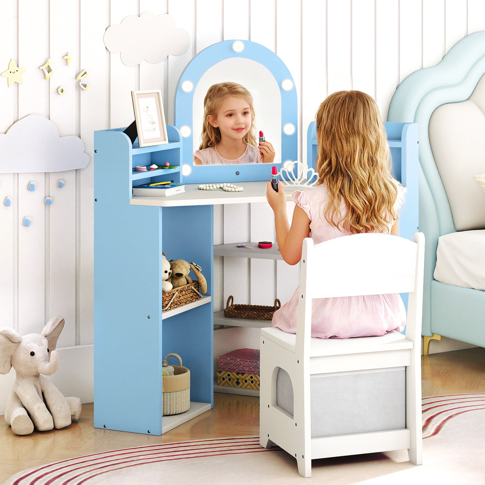 Vanity Table and Chair Set with 3 Storage Shelves and 5 Open Compartments-Blue & White