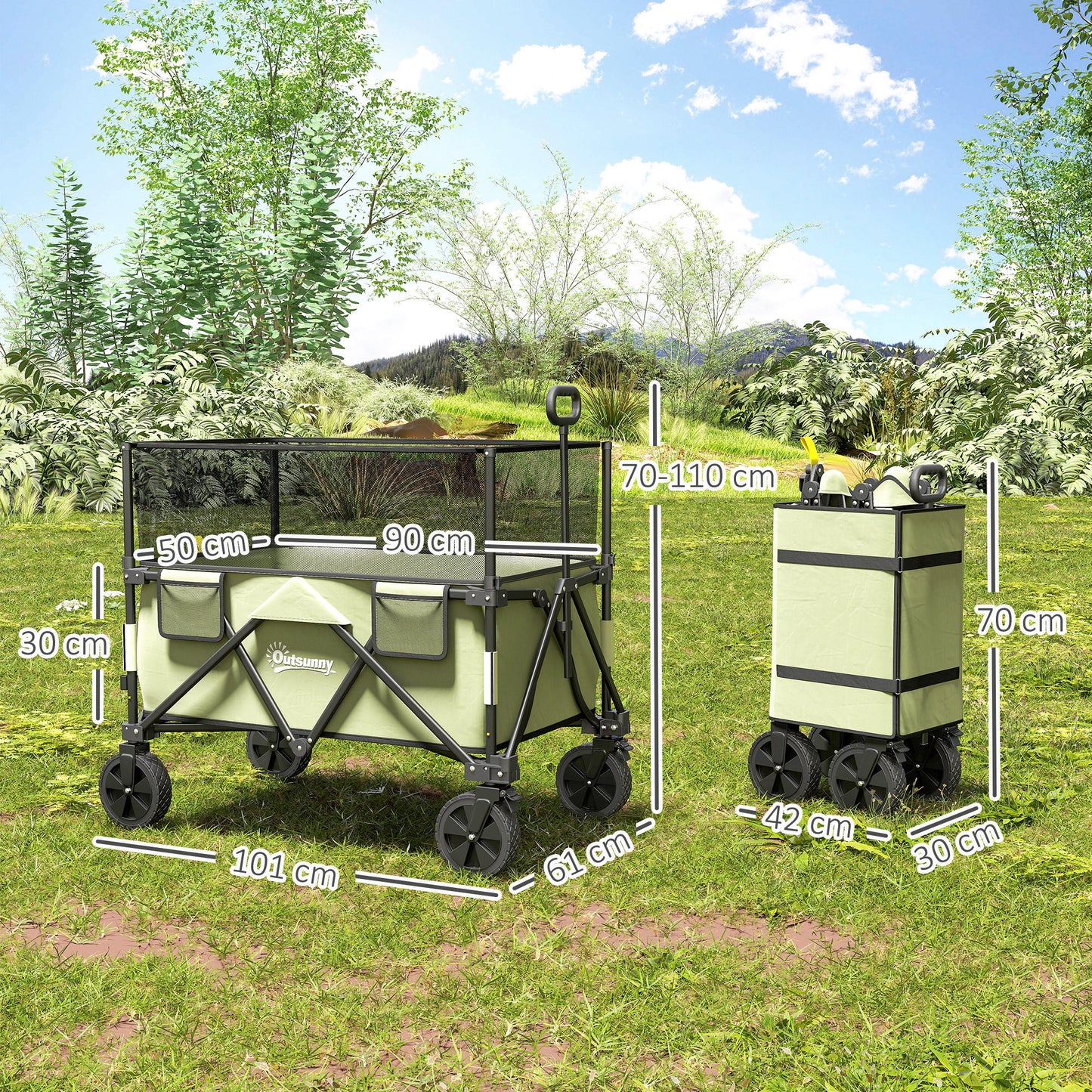 Outsunny Folding Garden Trolley, 180L Wagon Cart with Extendable Side Walls, for Beach, Camping, Festival, Green
