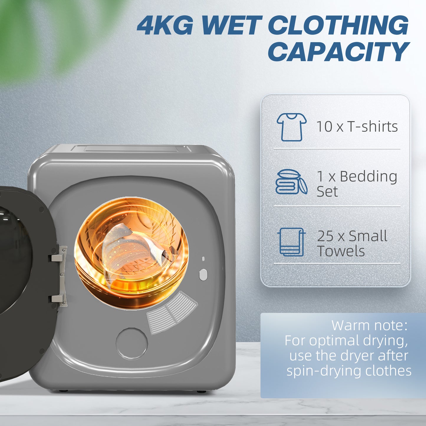 HOMCOM 2.5kg Vented Tumble Dryer with Smart Mode, 800W Compact Tumble Dryer with Stainless Steel Tub, Silver Tone
