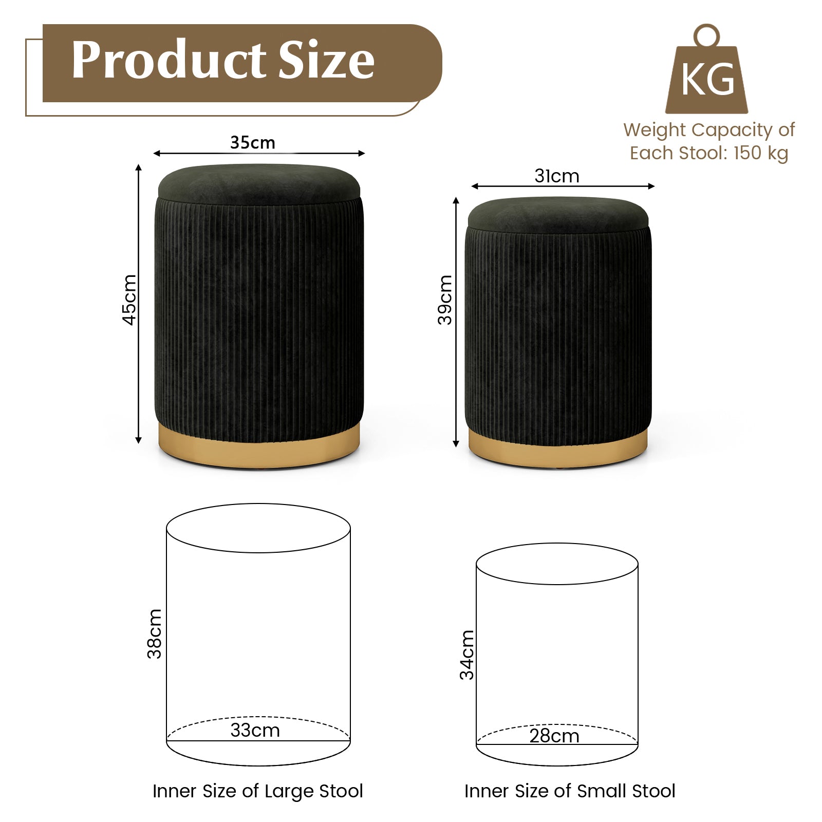 Velvet Storage Ottoman Set of 2 with Gold Stainless Steel Hoop-Black