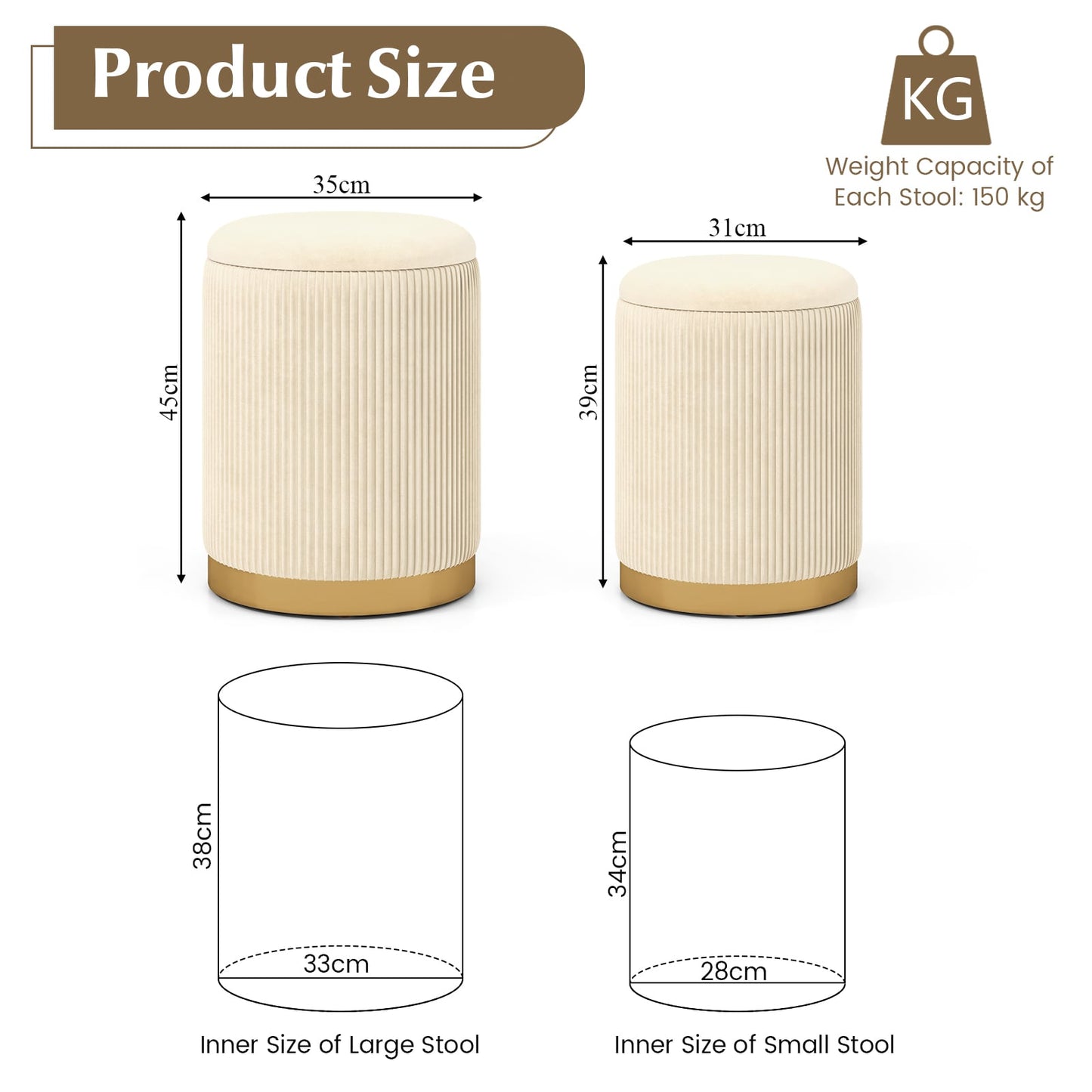 Velvet Storage Ottoman Set of 2 with Gold Stainless Steel Hoop-Beige
