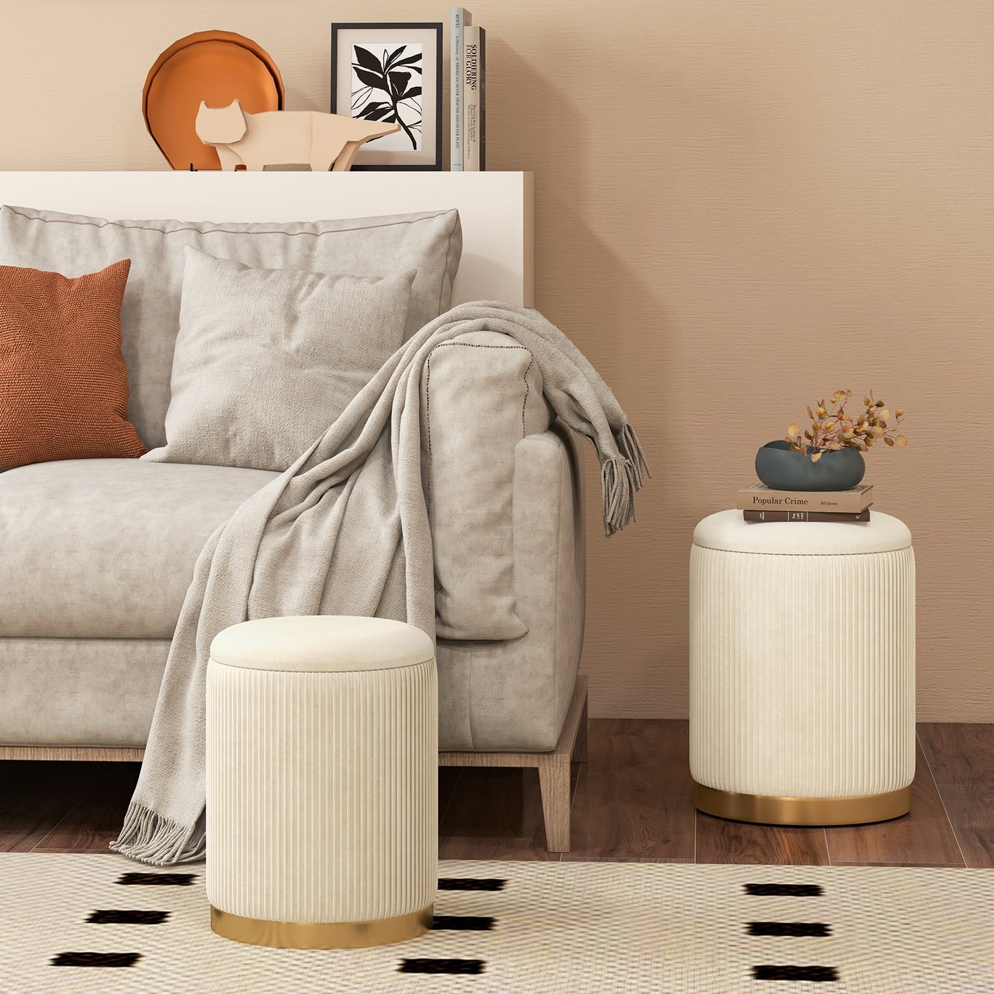 Velvet Storage Ottoman Set of 2 with Gold Stainless Steel Hoop-Beige