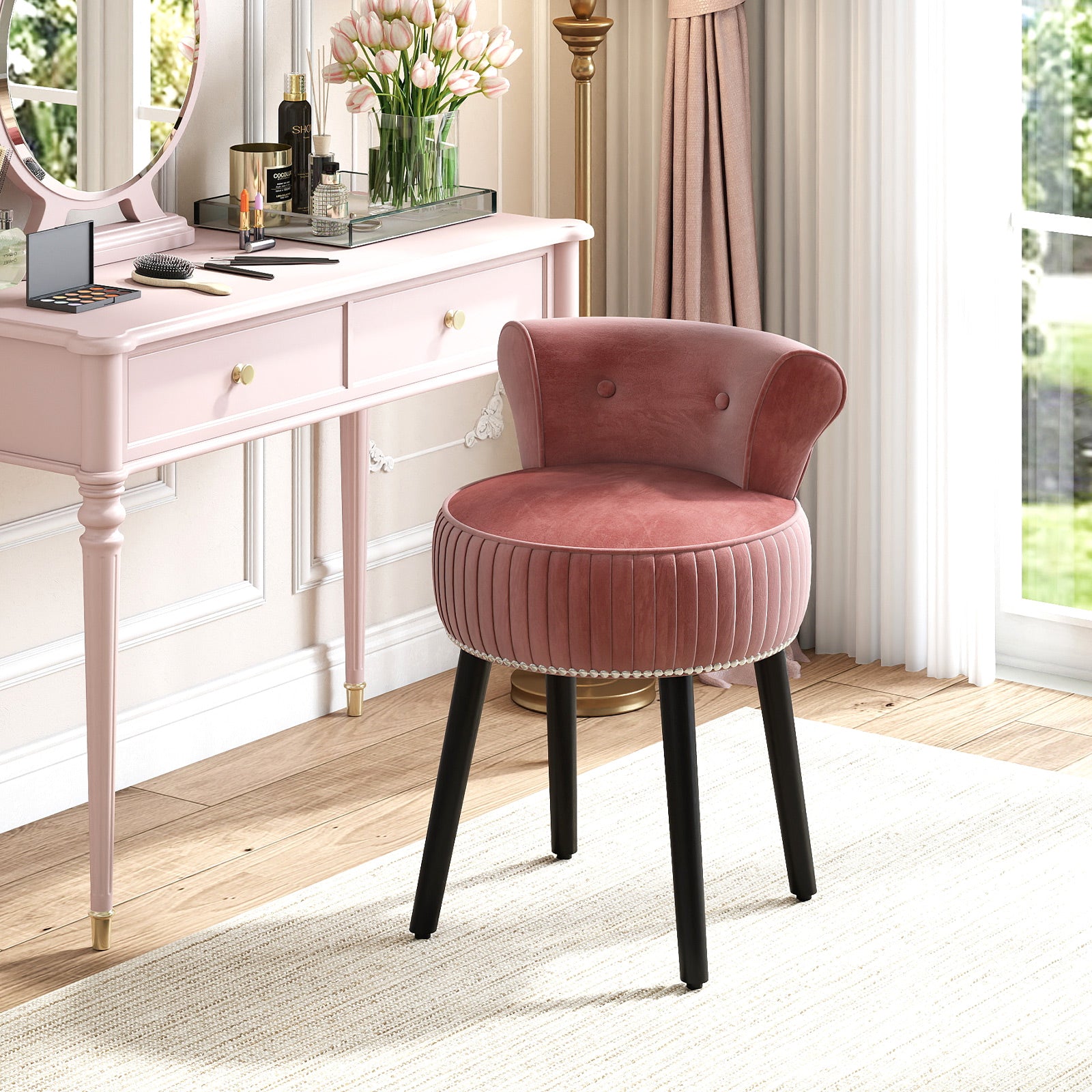 Velvet Vanity Chair with Tufted Low Back and Solid Wood Legs-Pink
