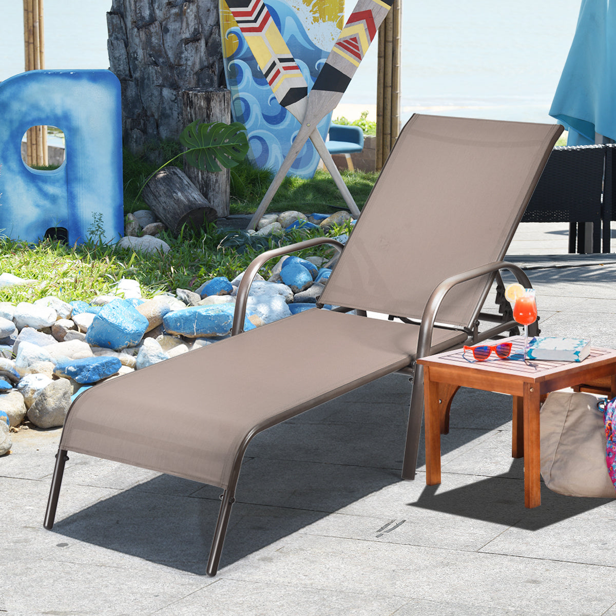Versatile Chaise Lounge Chair with 5 Adjustable Positions Iron Construction-Brown