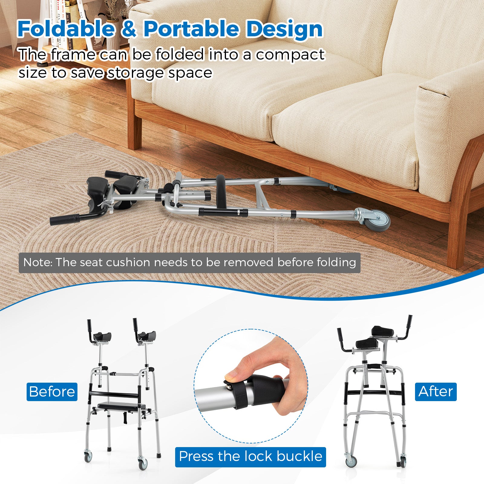 Versatile Rolling Walker with Padded Seat and  2 Premium Wheels-Silver