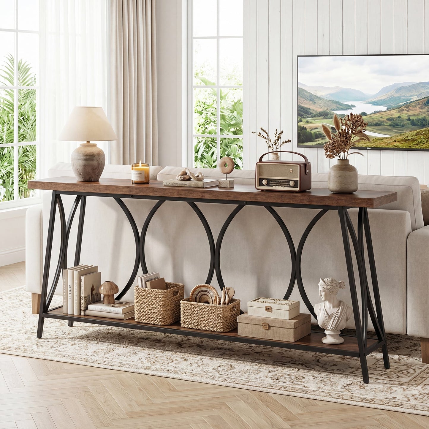 Vintage Console Table with 2-Tier Storage for Living Room-Rustic Brown