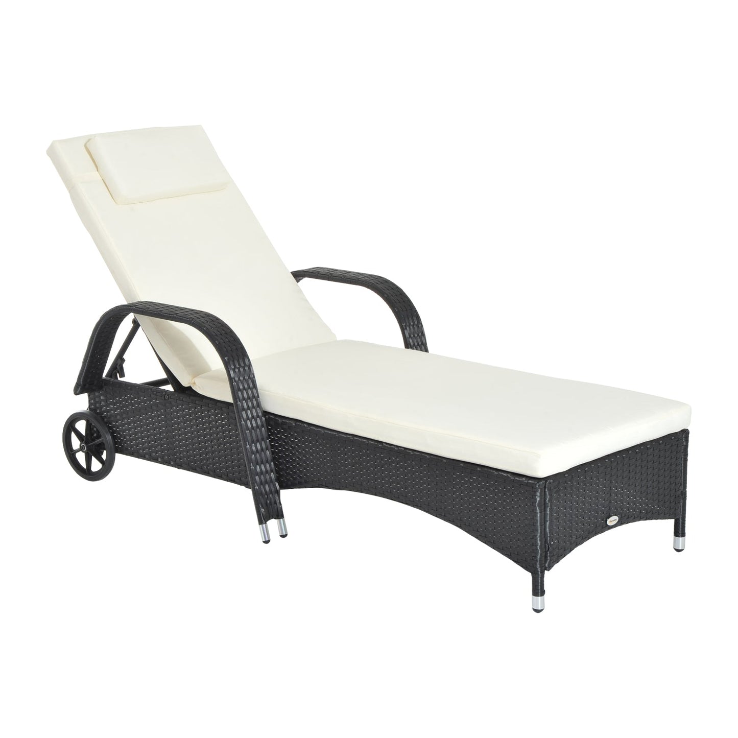 Outsunny Rattan Sun Lounger, Garden Lounger Recliner with Wheels and Adjustable Backrest, Outdoor Reclining Sunbed Garden Chair with Cushion and Headrest for Patio, Beach, Terrace, Black
