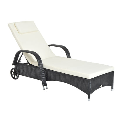 Outsunny Rattan Sun Lounger, Garden Lounger Recliner with Wheels and Adjustable Backrest, Outdoor Reclining Sunbed Garden Chair with Cushion and Headrest for Patio, Beach, Terrace, Black