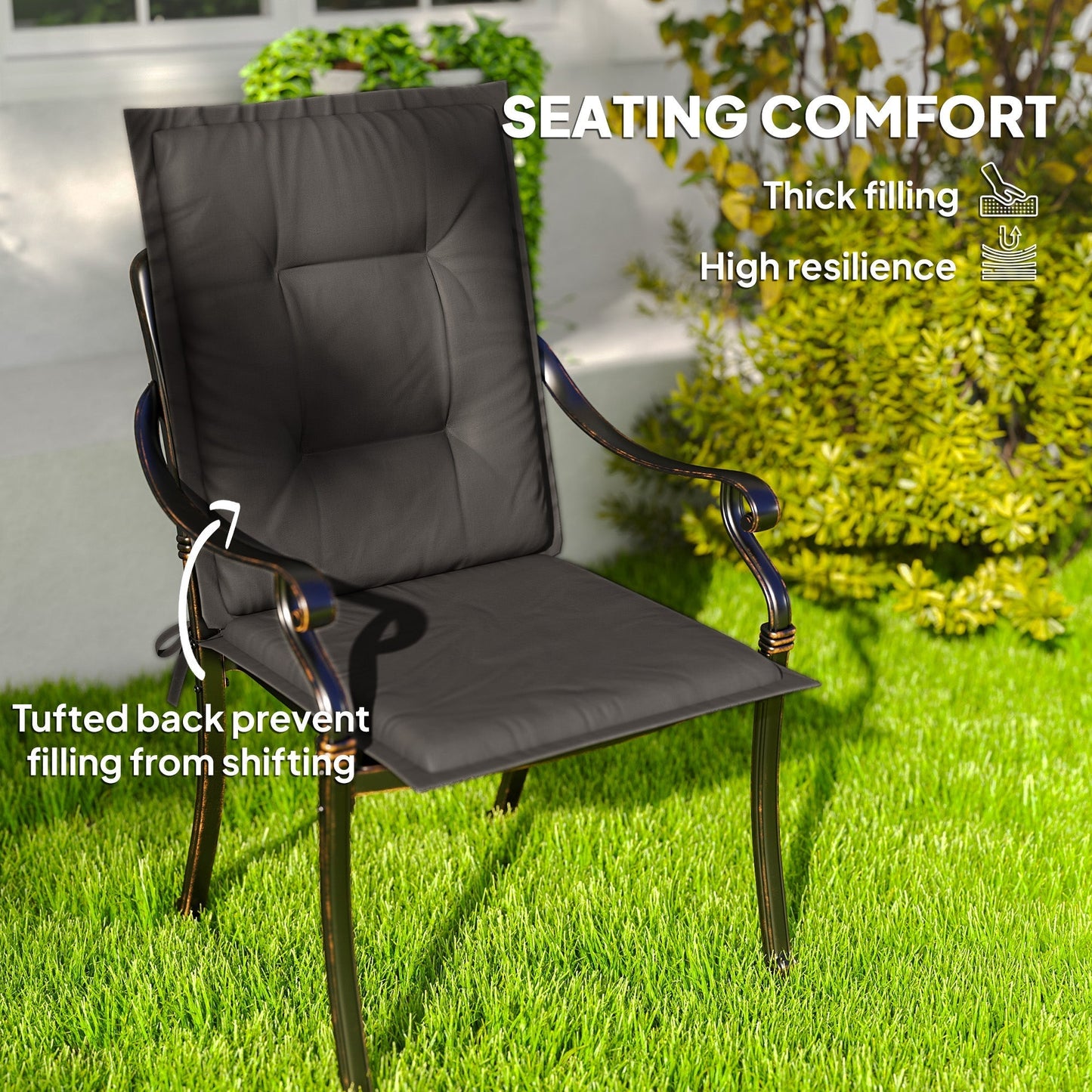 Outsunny Set of Four Padded Garden Seat Cushions - Charcoal Grey