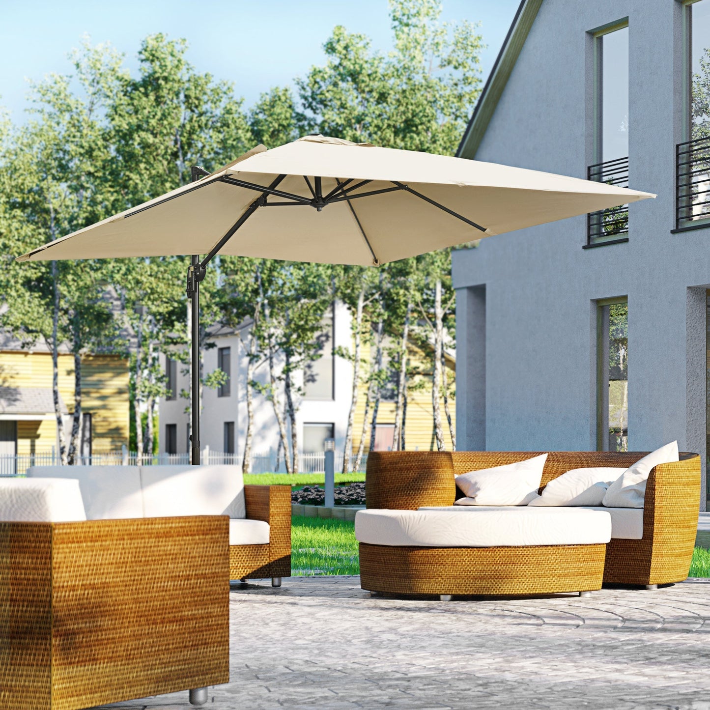 Outsunny 2.7 x 2.7 m Cantilever Parasol, Square Overhanging Umbrella with Cross Base, Crank Handle, Tilt, 360 Rotation and Aluminium Frame, Cream White