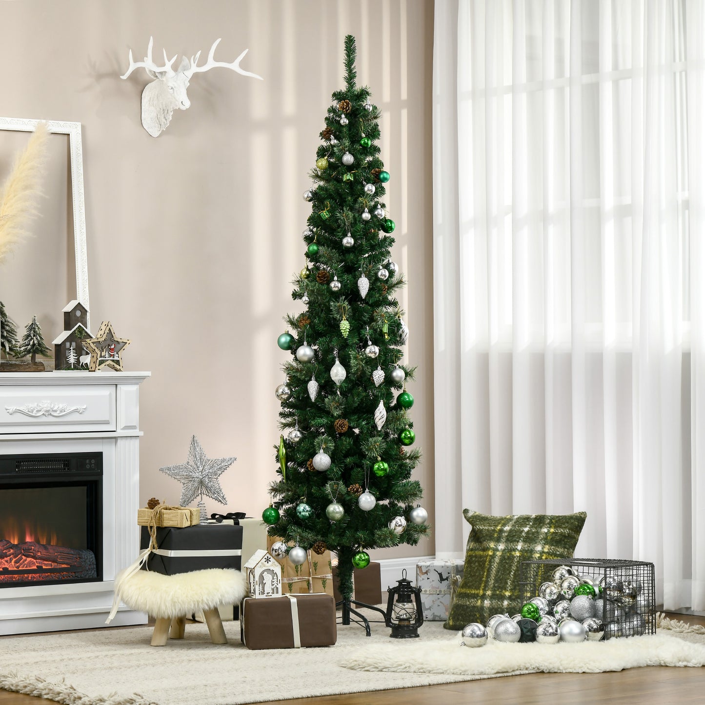 HOMCOM 6.5FT TallÂ Pencil Slim Artificial Christmas Tree withÂ RealisticÂ Branches, Tip Count and Pine Cones, Pine Needles Tree, XmasÂ Decoration, Green