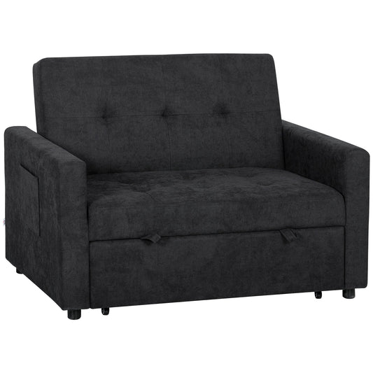 HOMCOM Loveseat Sofa Bed, Convertible Bed Settee with 2 Pillows, Side Pockets, Black