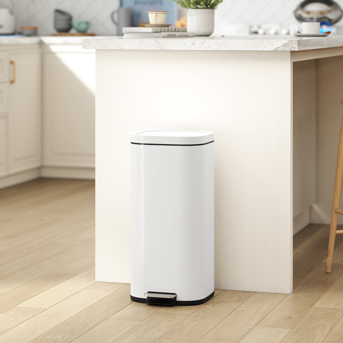 HOMCOM 30L Kitchen Bin, Compact Pedal Bin with Soft-Close and Stay-Open Lid, Removable Bucket for Kitchen, Home, Office, Cream