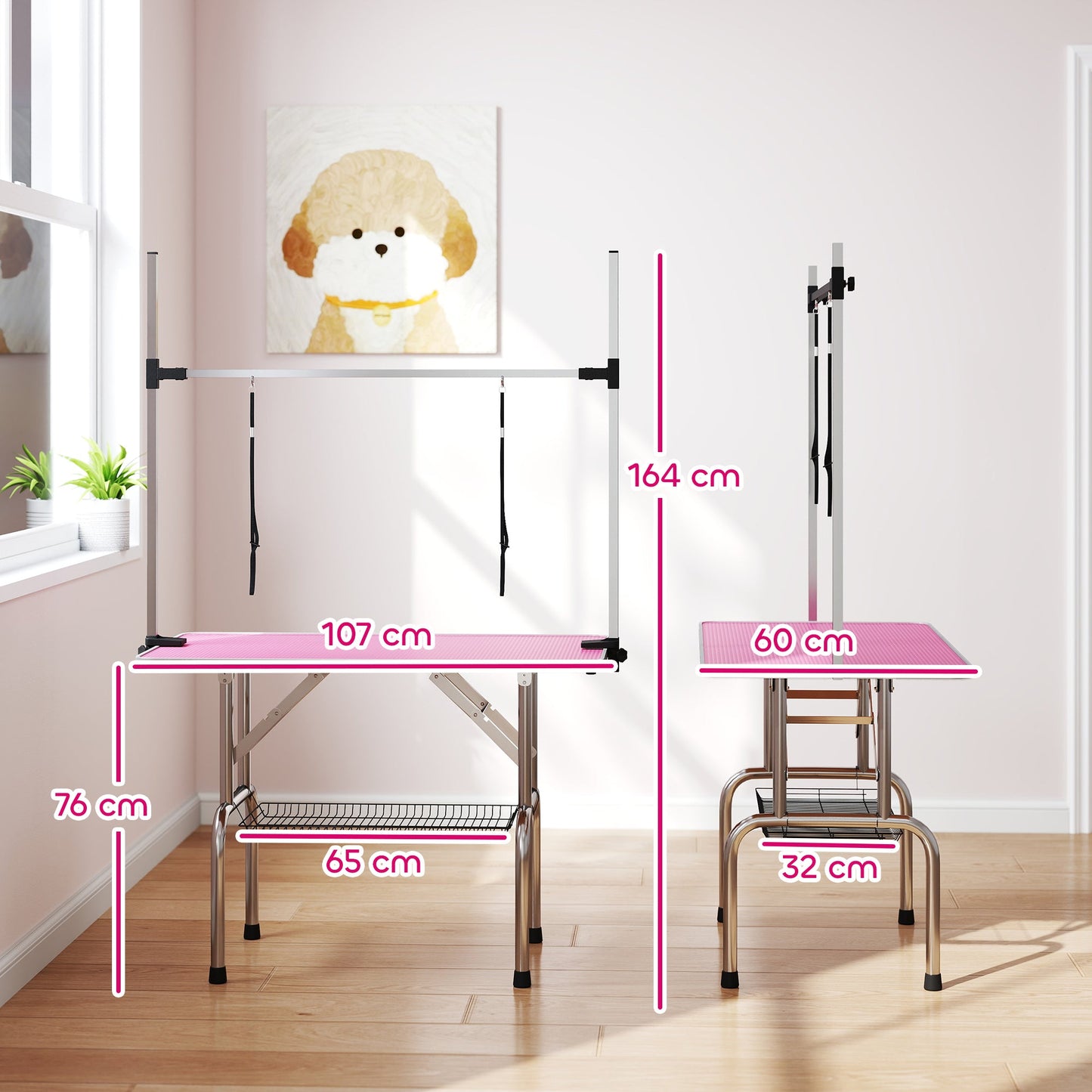 PawHut 42" Dog Grooming Table, Adjustable Pet Cat Drying Beauty Table with 2 Loops Storage Basket, Rubber Top, Pink