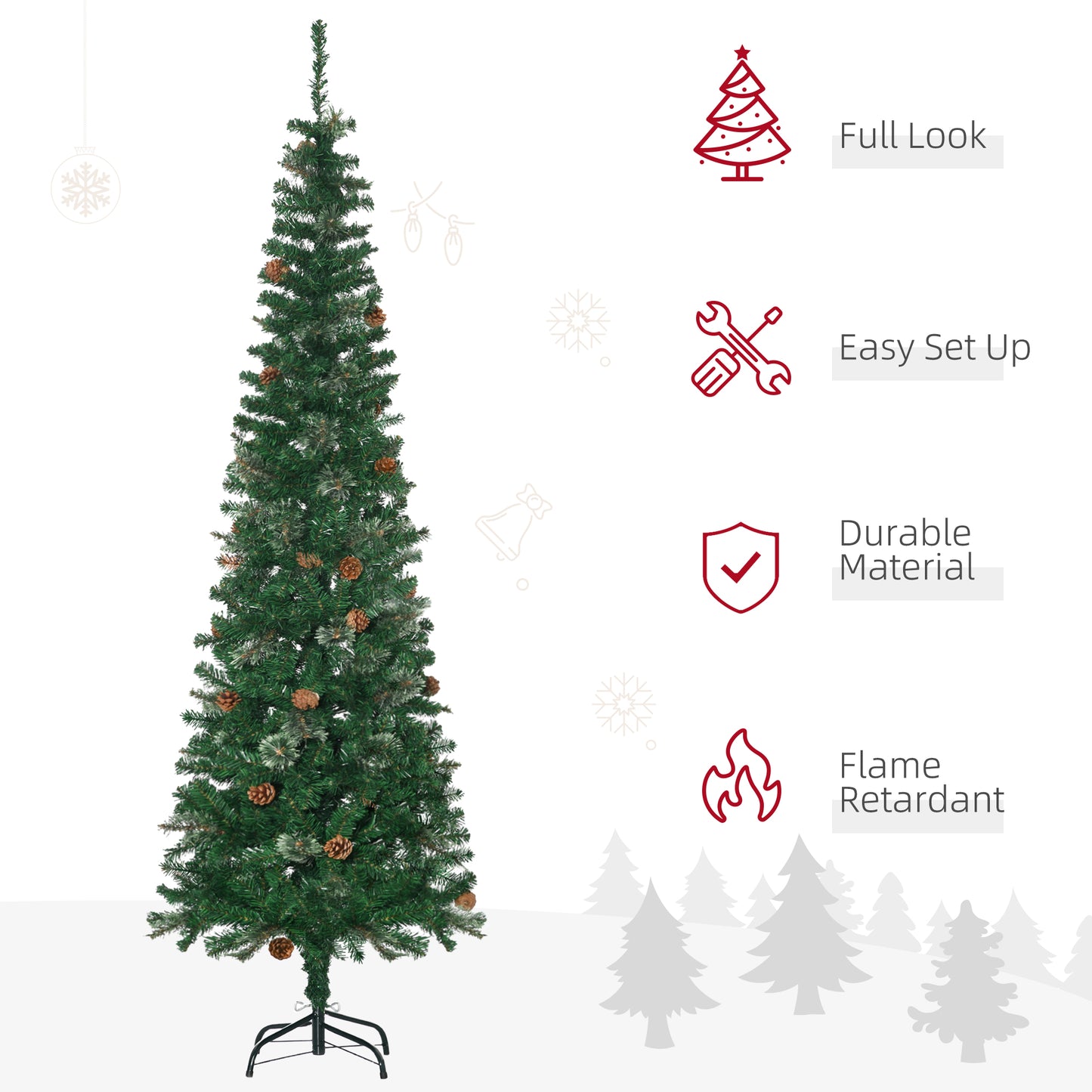 HOMCOM 6.5FT TallÂ Pencil Slim Artificial Christmas Tree withÂ RealisticÂ Branches, Tip Count and Pine Cones, Pine Needles Tree, XmasÂ Decoration, Green