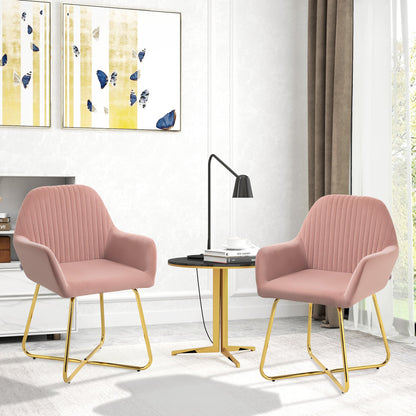 HOMCOM Modern Arm Chair Set of 2 Upholstered Accent Chair with Metal Base for Living Room Pink