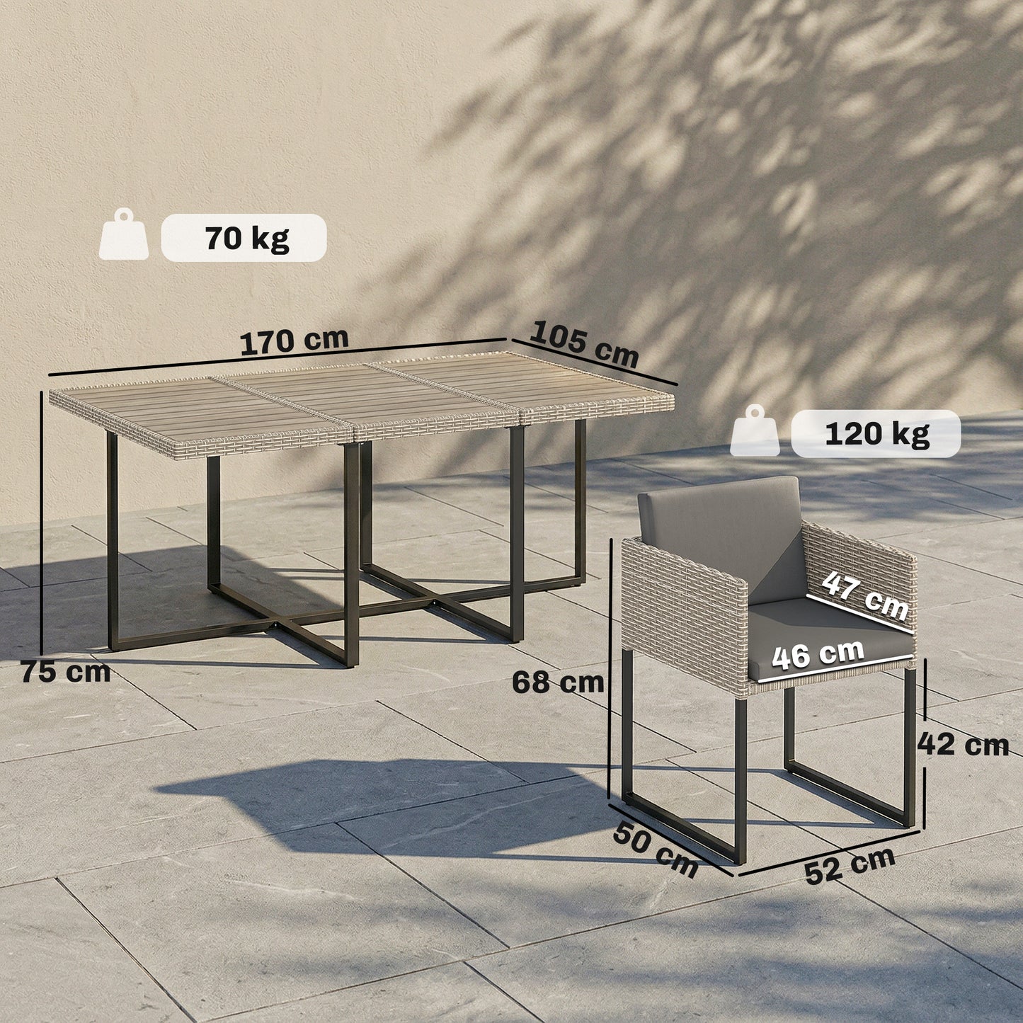 Outsunny 7 Piece Rattan Garden Furniture Set, Garden Dining Set with Wood-Plastic Table and 6 Stackable Chairs, Light Grey