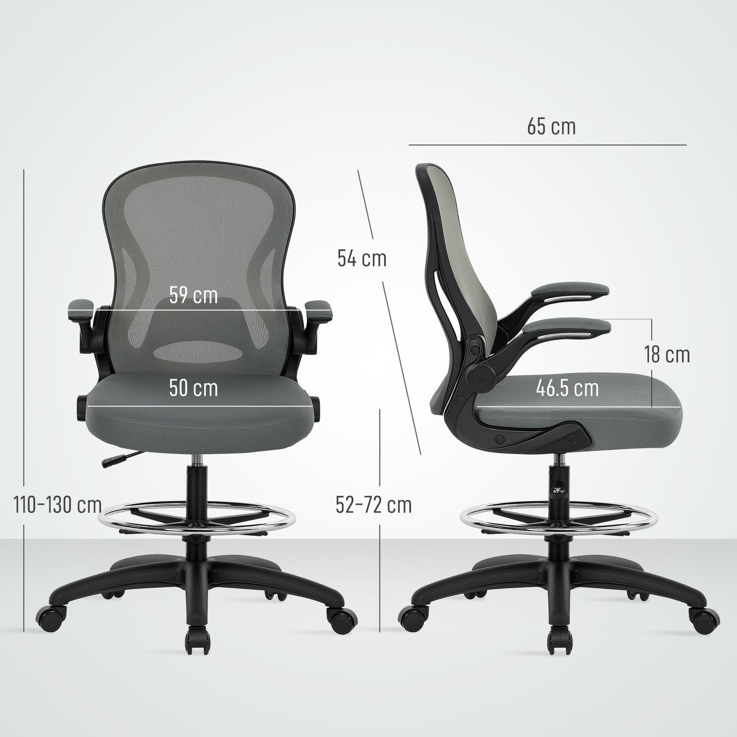 Vinsetto Drafting Chair, Ergonomic Tall Office Chair with Flip-up Armrests, Mesh Back, Lumbar Support, Adjustable Height and Foot Ring, Swivel Wheels, for Standing Desk, Charcoal Grey