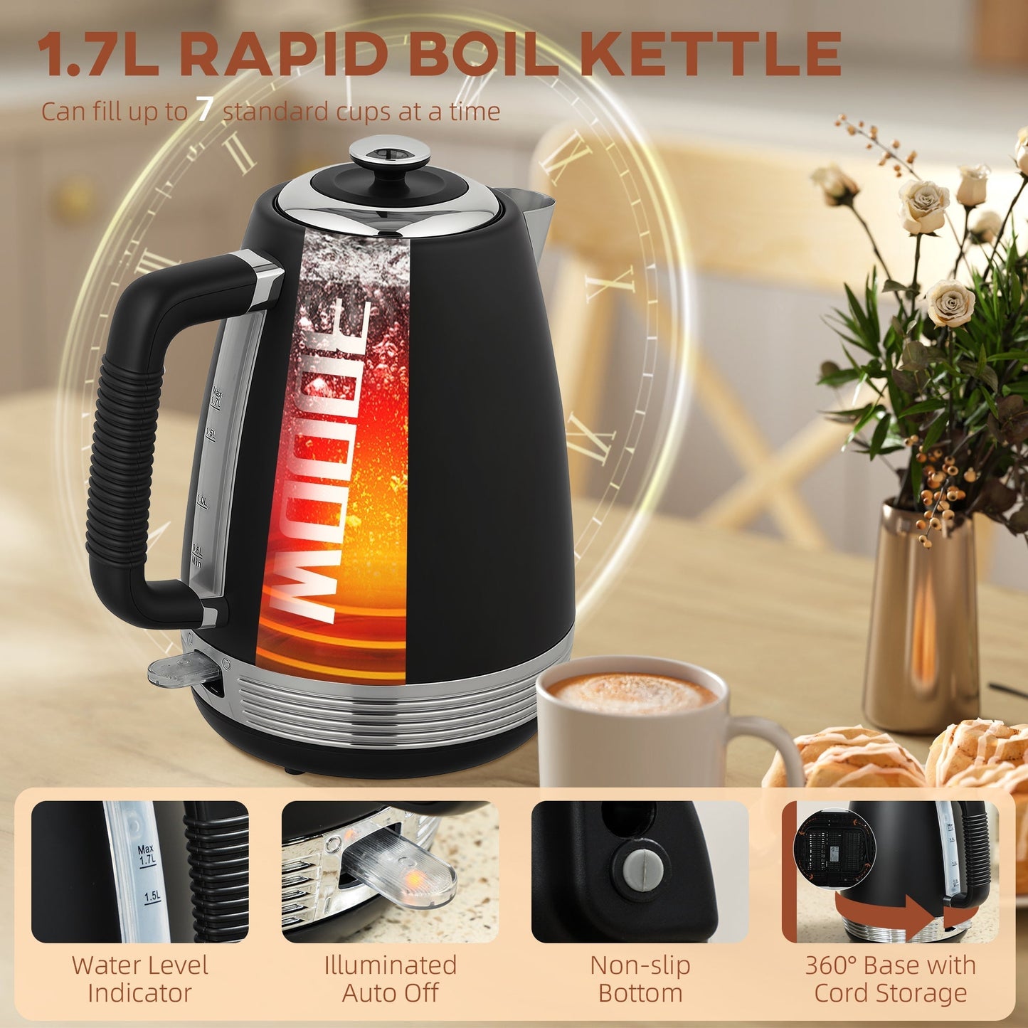 HOMCOM Stainless Steel Kettle and Toaster Set, 1.7L 3000W Rapid Boil Jug Kettle with UK Strix Thermostat, Limescale Filter, 4 Slice Toaster with 7 Browning Controls, Crumb Tray, Black and Silver Tone
