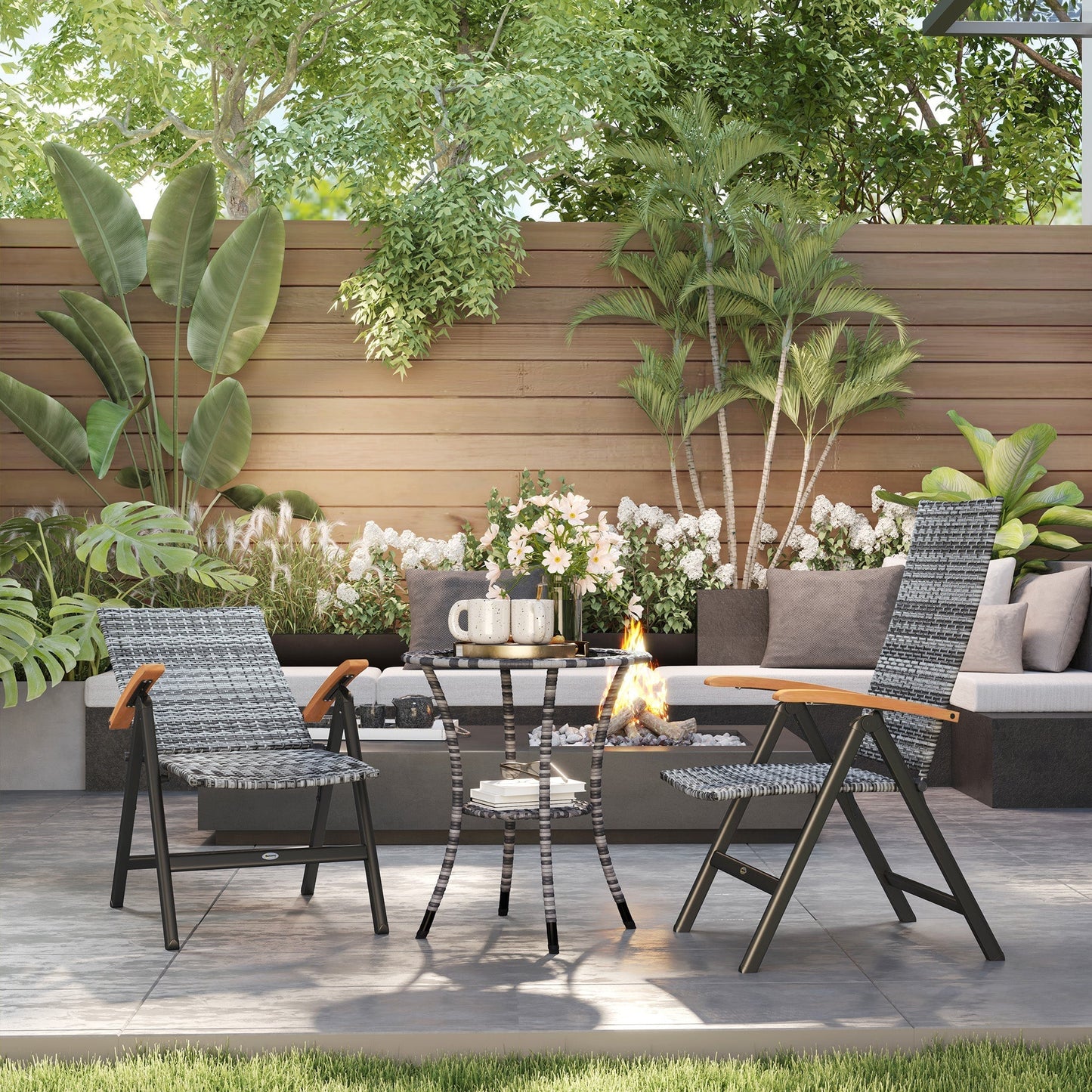 Outsunny 2 Pieces Folding Rattan Garden Dining Chairs with 5-level Reclining High Back, Wood Armrests for Outdoor - Light Grey