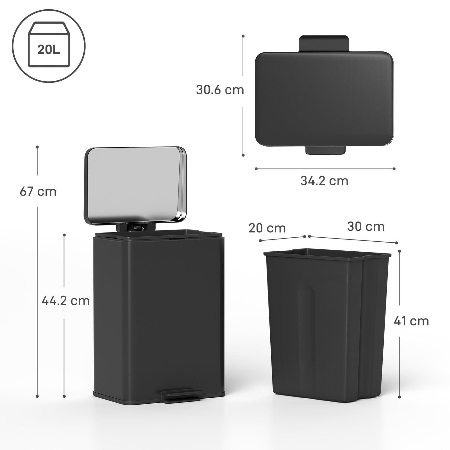 HOMCOM 20L Kitchen Bin with Soft-Close Lid and Stay-Open Function, Stainless Steel Pedal Bin with Removable Inner Bucket for Kitchen, Office, Home, Matte Black