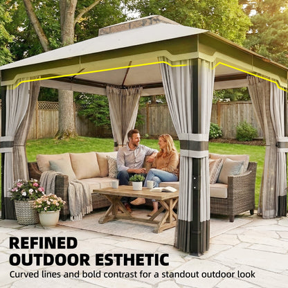 Outsunny 3 x 3.6 m Outdoor Garden Gazebo with Netting and Curtains, DoubleÂ Roof Patio Gazebo Permanent Pavilion, Light Grey