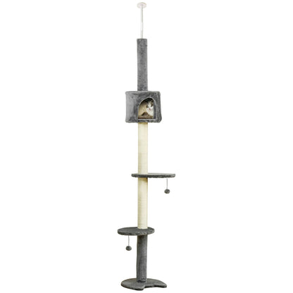 PawHut Floor to Ceiling Cat Tree for Indoor Cats, Kitten Tower, Condo, Multi-Layer Activity Center, Indoor Pet Play House with Solid Scratching Post Hanging Balls, Light Grey