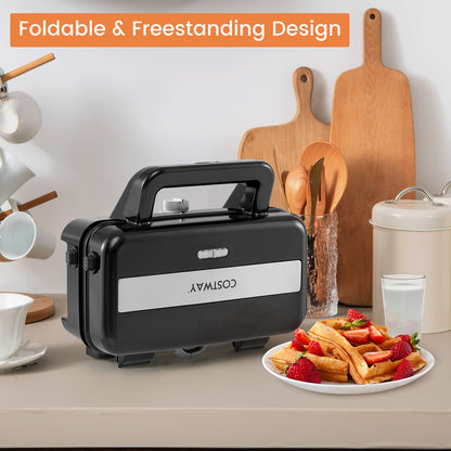 3 in 1 Waffle Maker with Non-stick Plates and Indicator Lights-Black