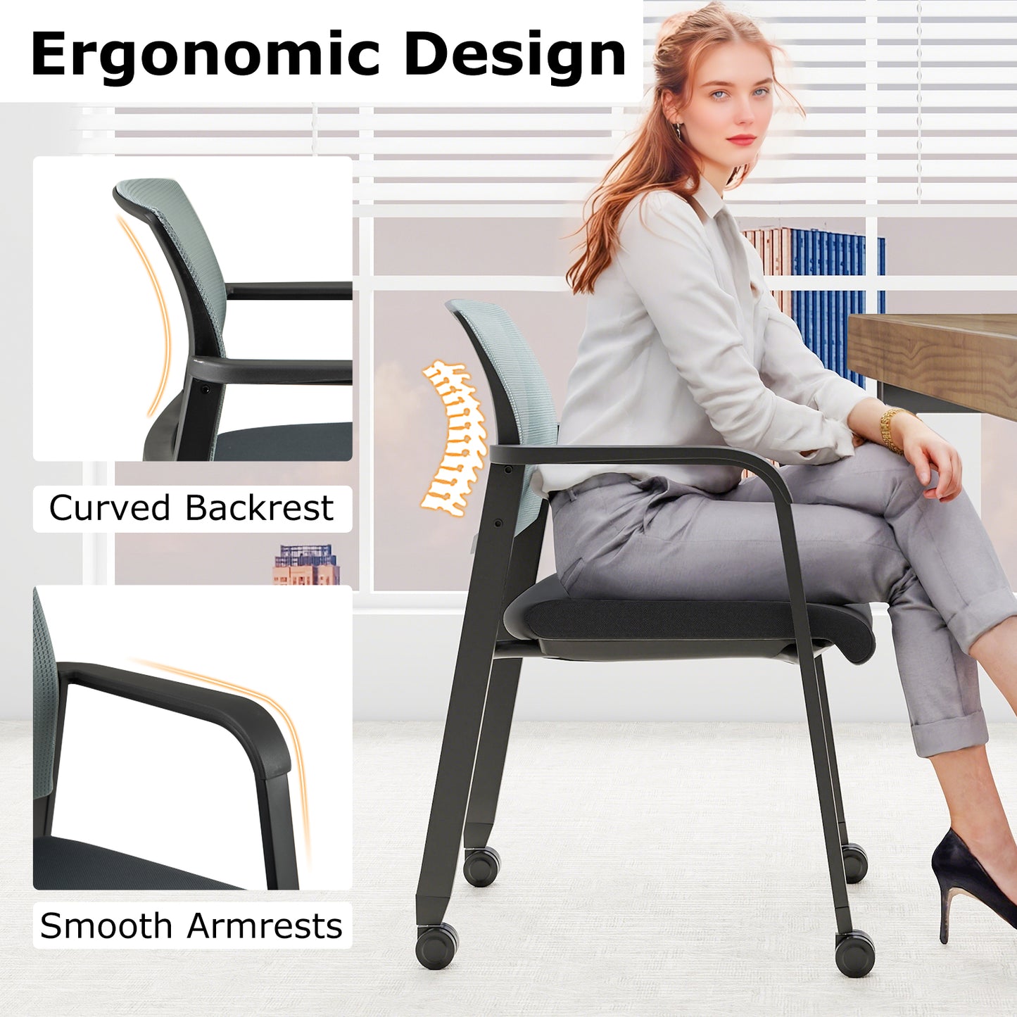 Waiting Room Chairs Set of 4 with Armrests and Wheels-Grey