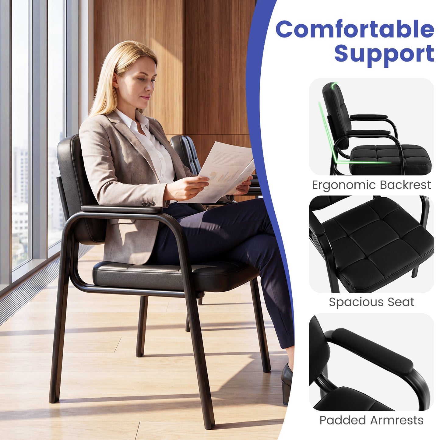 Waiting Room Guest Chairs Set of 2 with Padded Armrests for Conference Room-Black