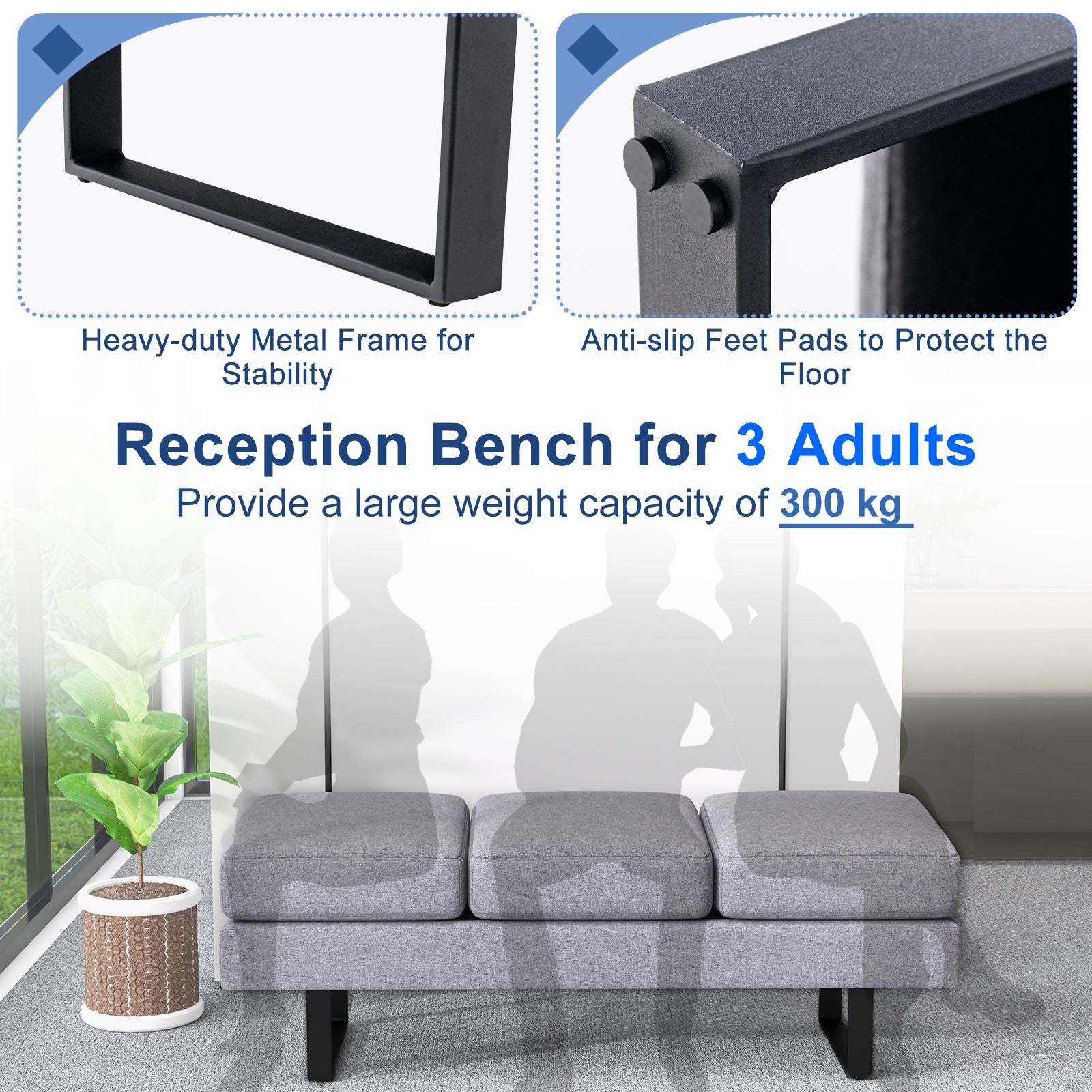 Waiting Room Bench Seating with 3 Seats and Metal Frame Leg-Grey