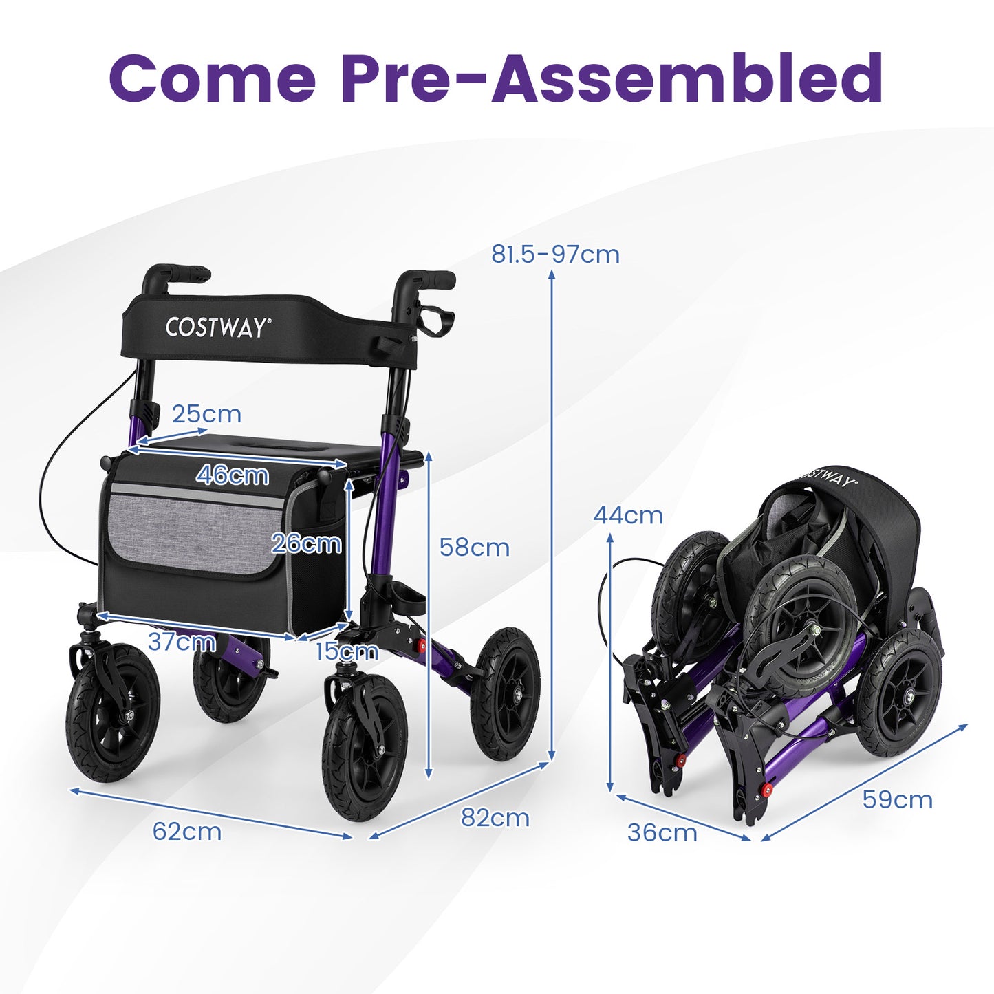 Walker for Seniors with Seat Folding Rollator Walker with Pneumatic Tires-Purple