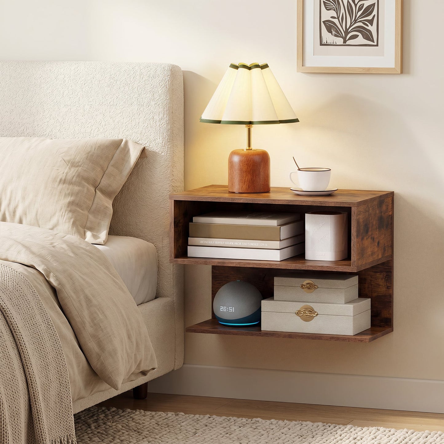 Wall Mounted Bedside Table with Storage Shelves-Rustic Brown