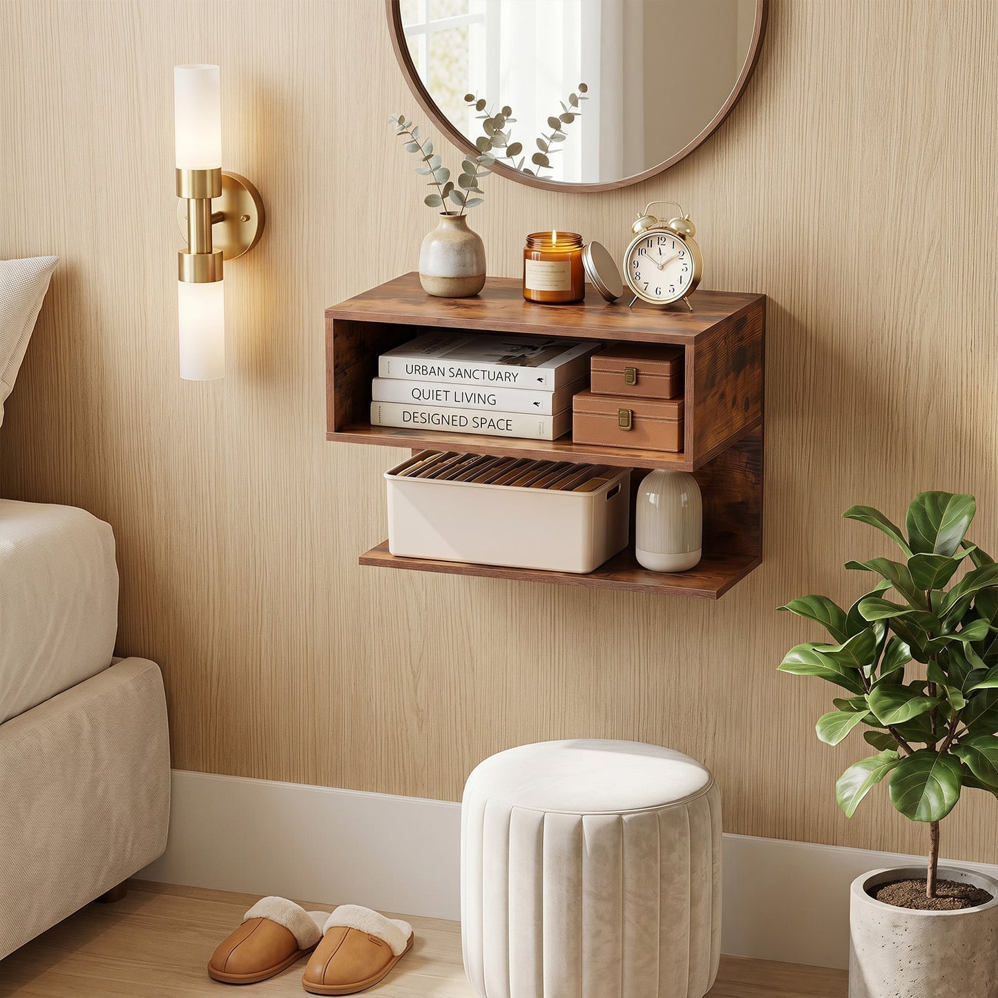 Wall Mounted Bedside Table with Storage Shelves-Rustic Brown