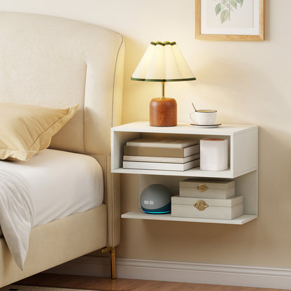Wall Mounted Bedside Table with Storage Shelves-White