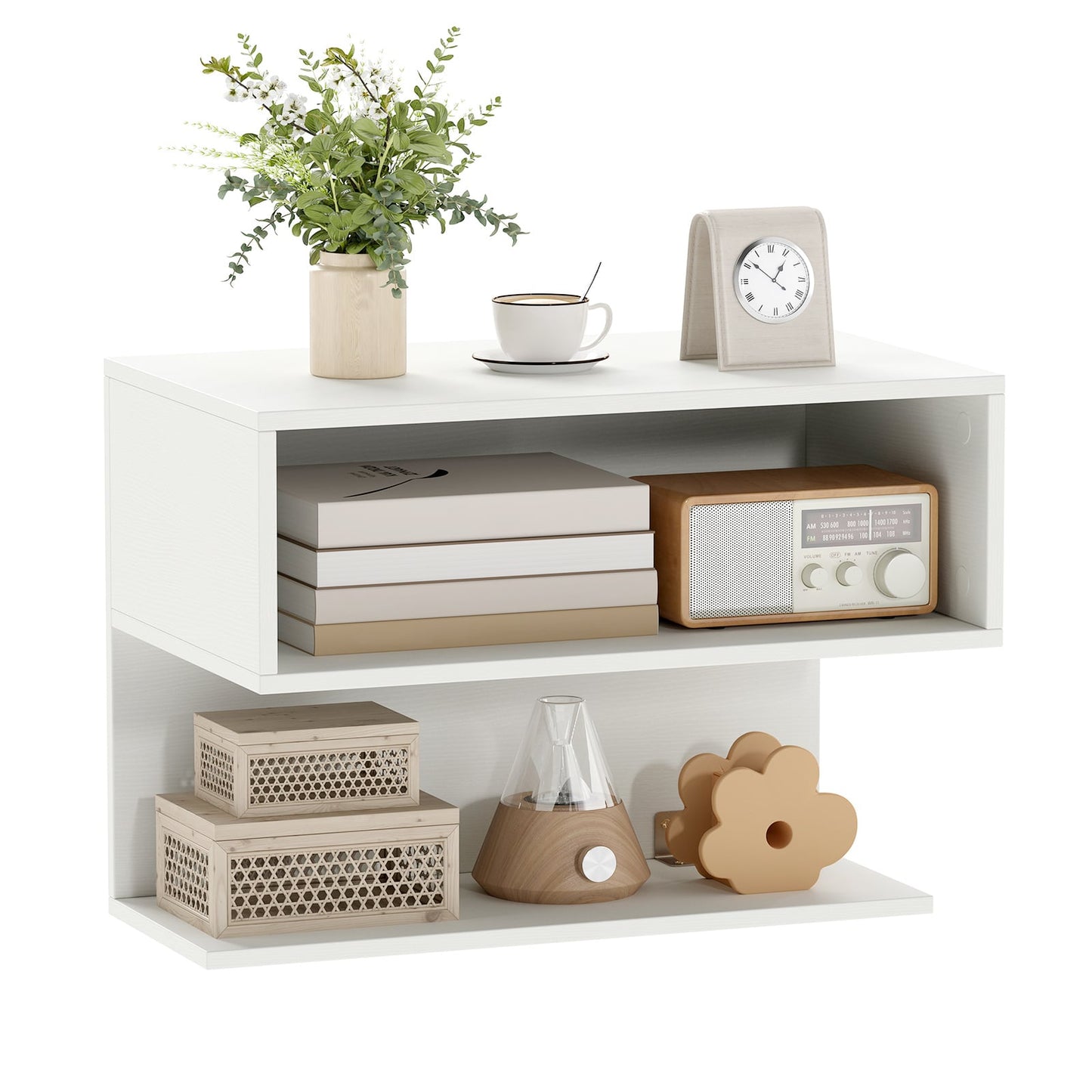 Wall Mounted Bedside Table with Storage Shelves-White