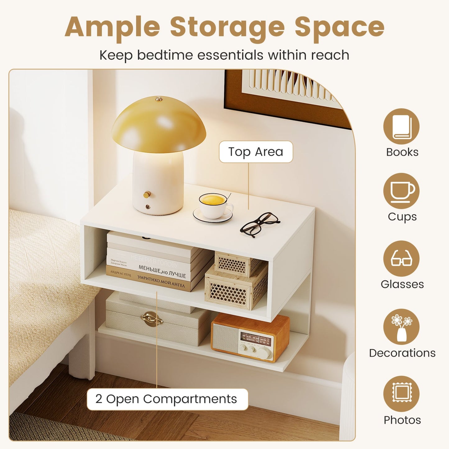 Wall Mounted Bedside Table with Storage Shelves-White