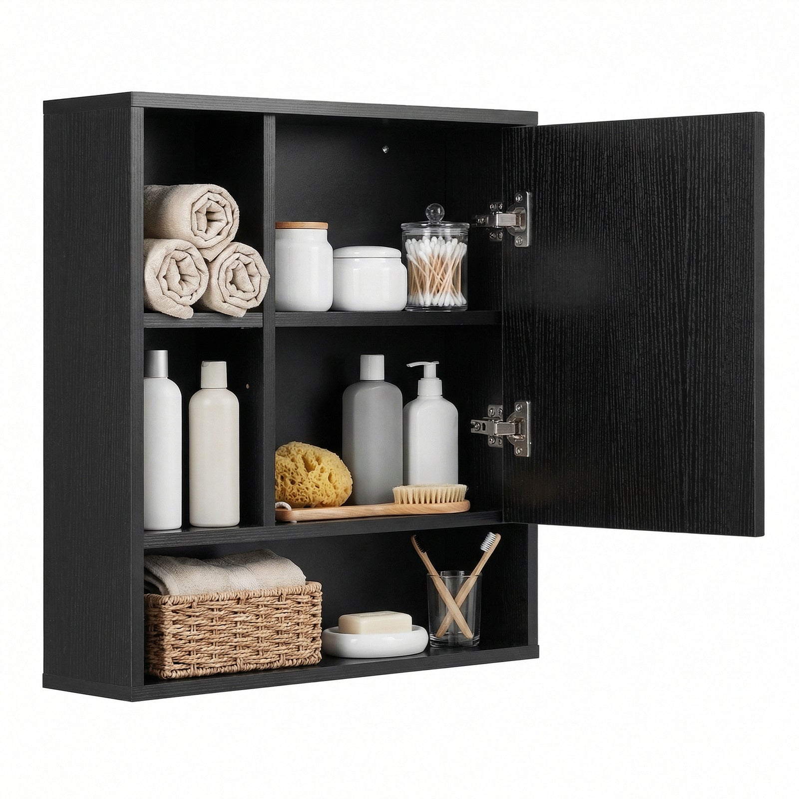Wall Mounted Storage Organizer with Mirror for Bathroom-Black