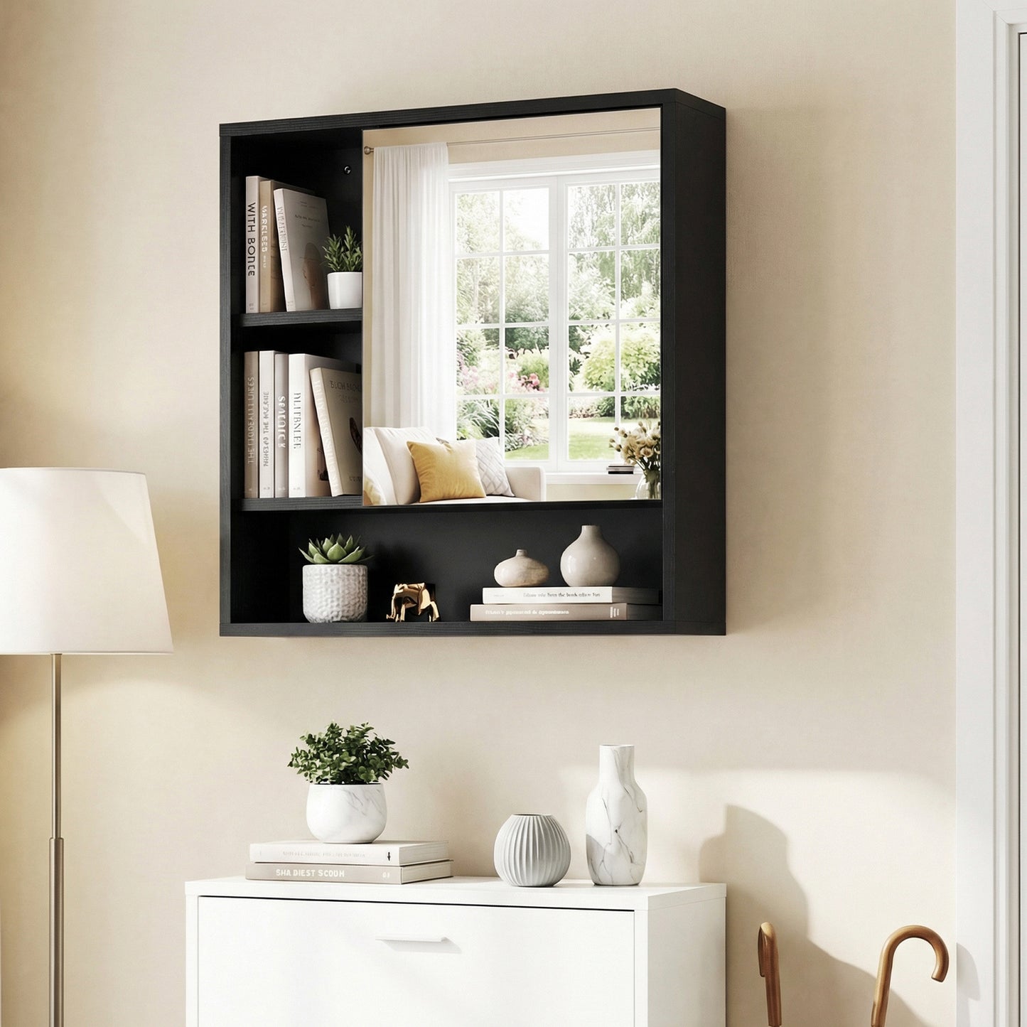 Wall Mounted Storage Organizer with Mirror for Bathroom-Black