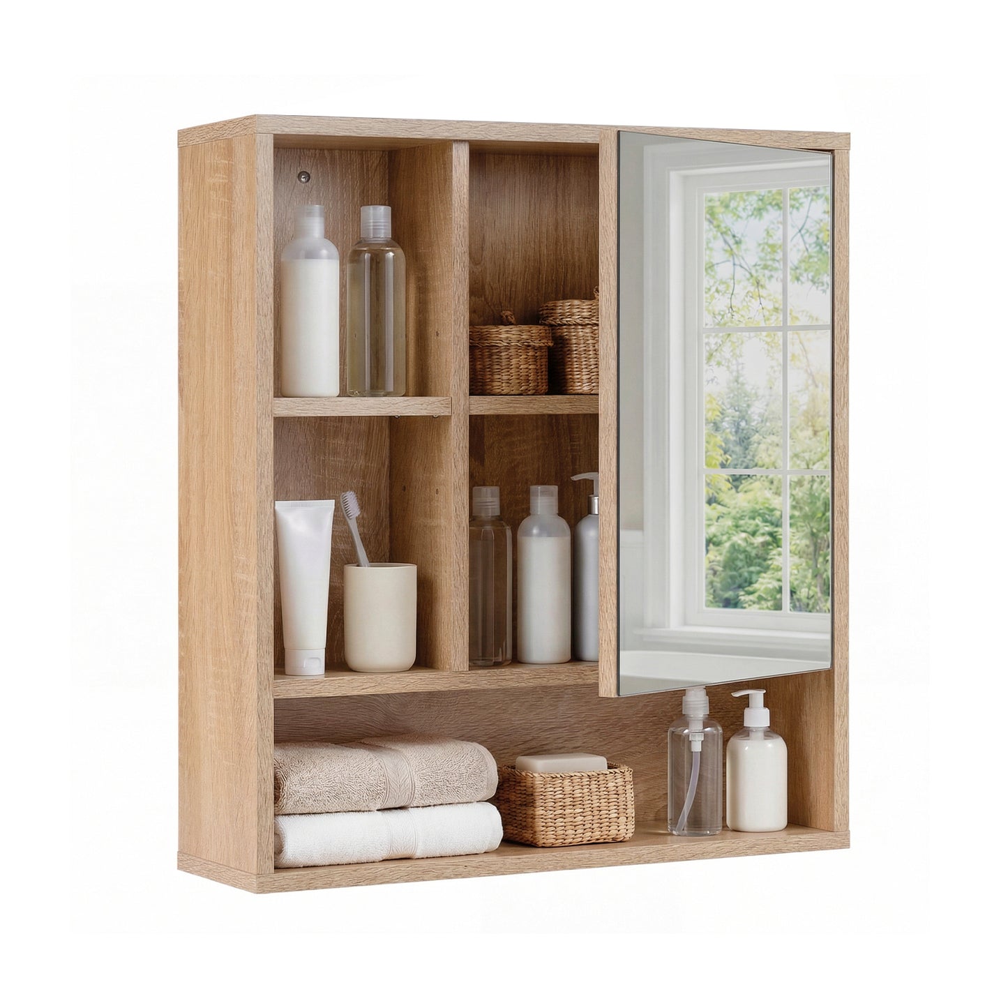 Wall Mounted Storage Organizer with Mirror for Bathroom-Natural