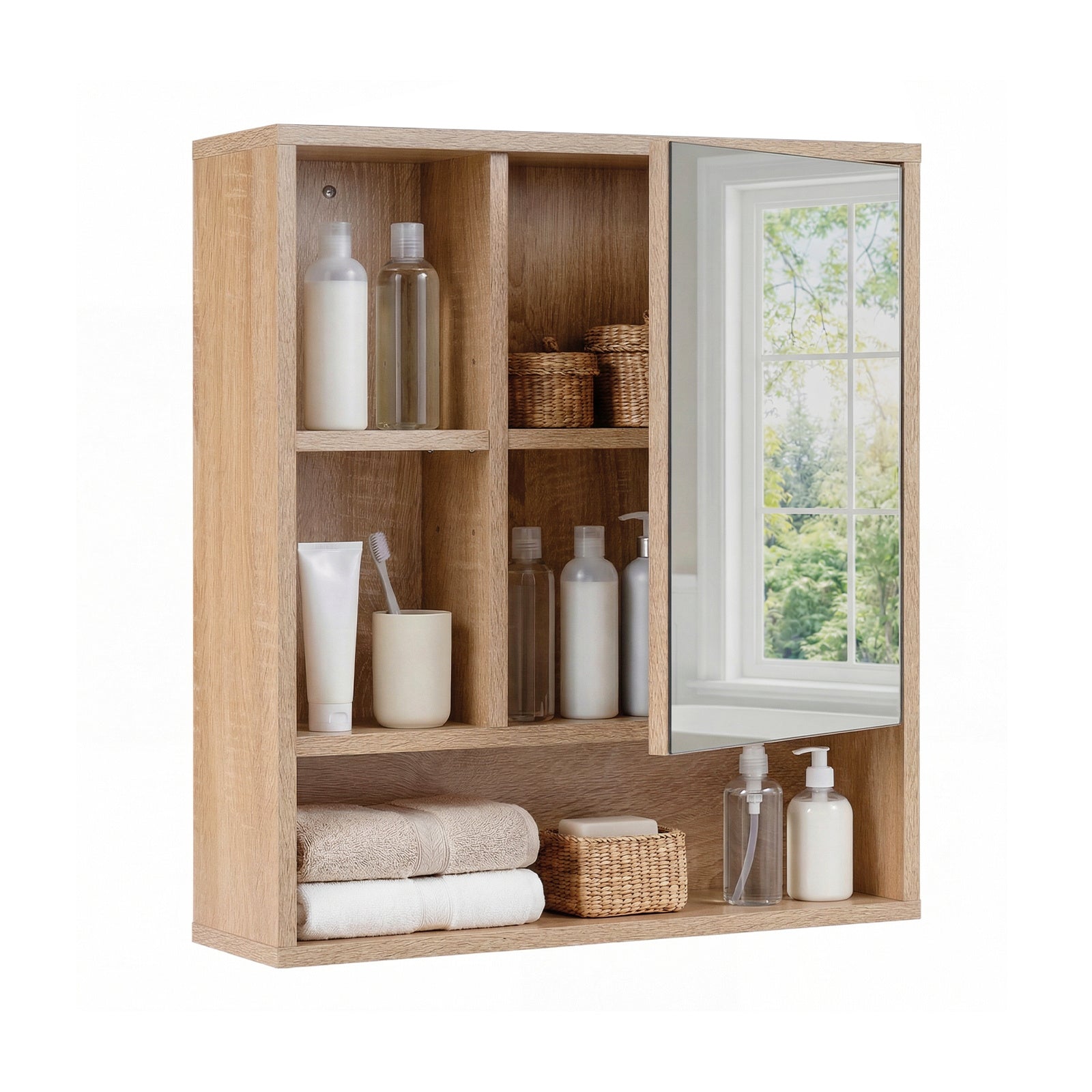 Wall Mounted Storage Organizer with Mirror for Bathroom-Natural