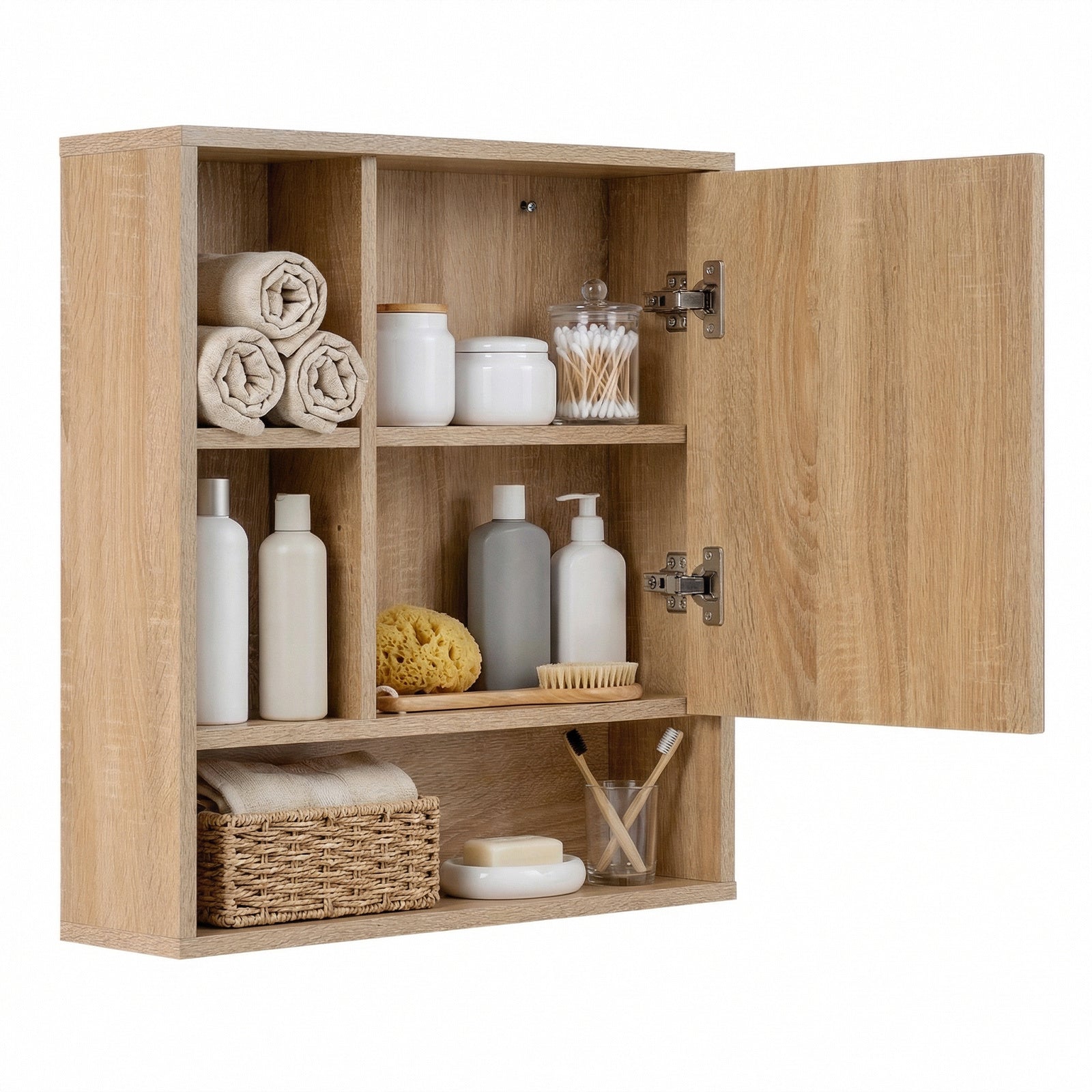 Wall Mounted Storage Organizer with Mirror for Bathroom-Natural