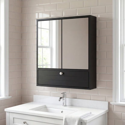 Wall-Mounted Bathroom Cabinet with Mirror and Adjustable Shelf and Flip-Open Compartment-Black