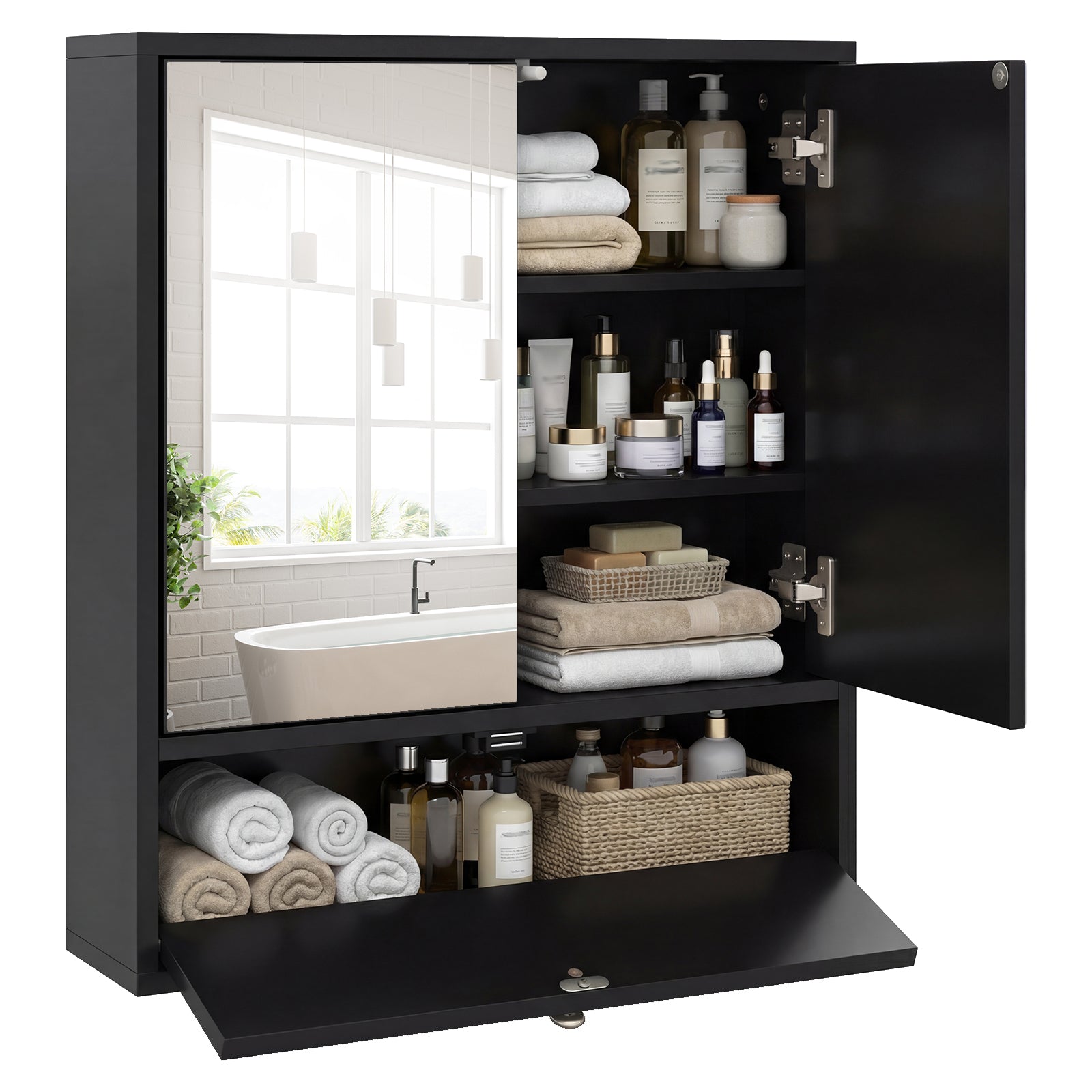 Wall-Mounted Bathroom Cabinet with Mirror and Adjustable Shelf and Flip-Open Compartment-Black