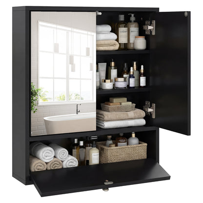 Wall-Mounted Bathroom Cabinet with Mirror and Adjustable Shelf and Flip-Open Compartment-Black