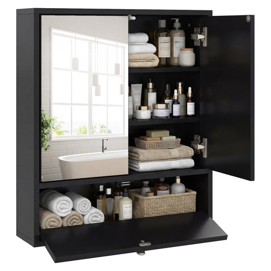 Wall-Mounted Bathroom Cabinet with Mirror and Adjustable Shelf and Flip-Open Compartment-Black