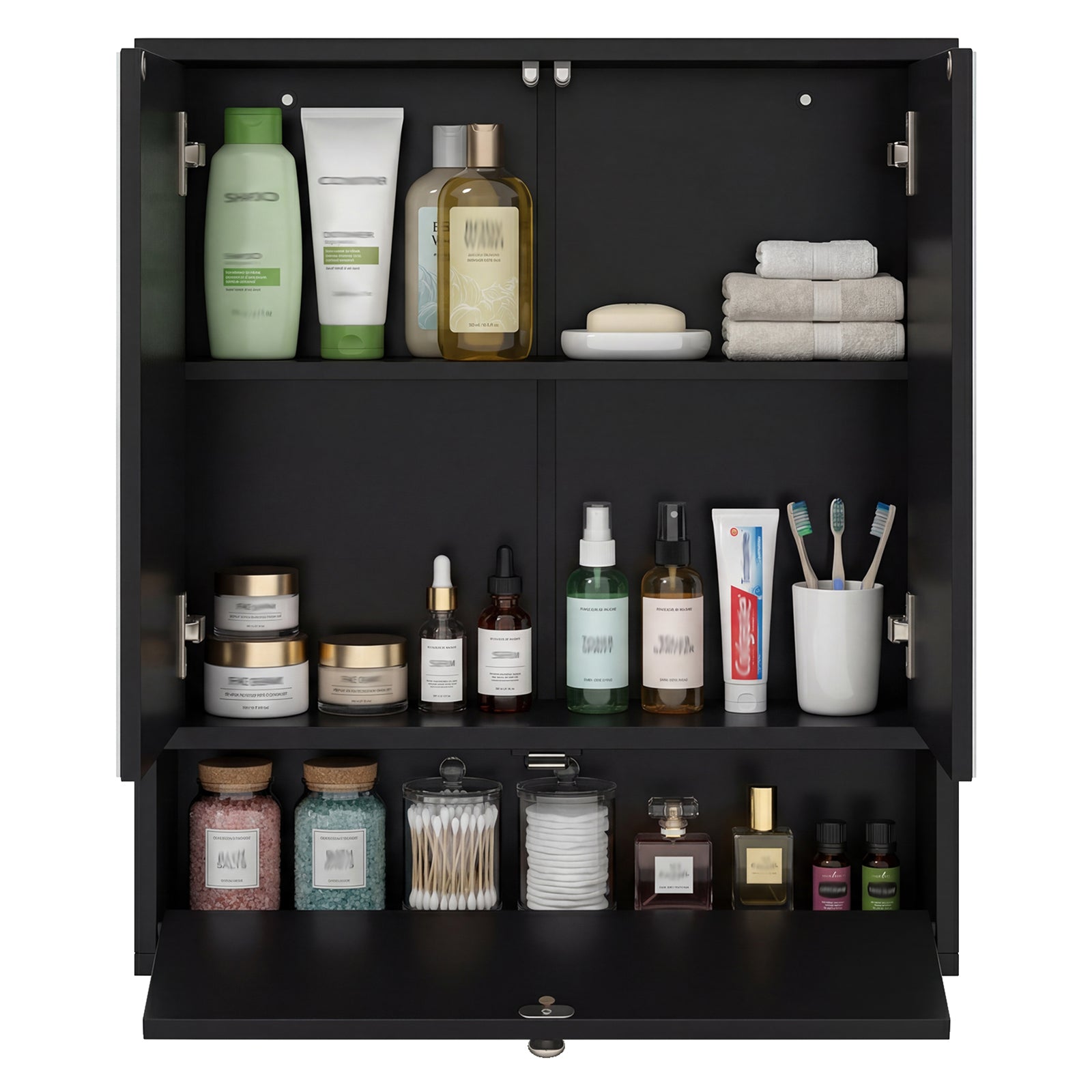 Wall-Mounted Bathroom Cabinet with Mirror and Adjustable Shelf and Flip-Open Compartment-Black