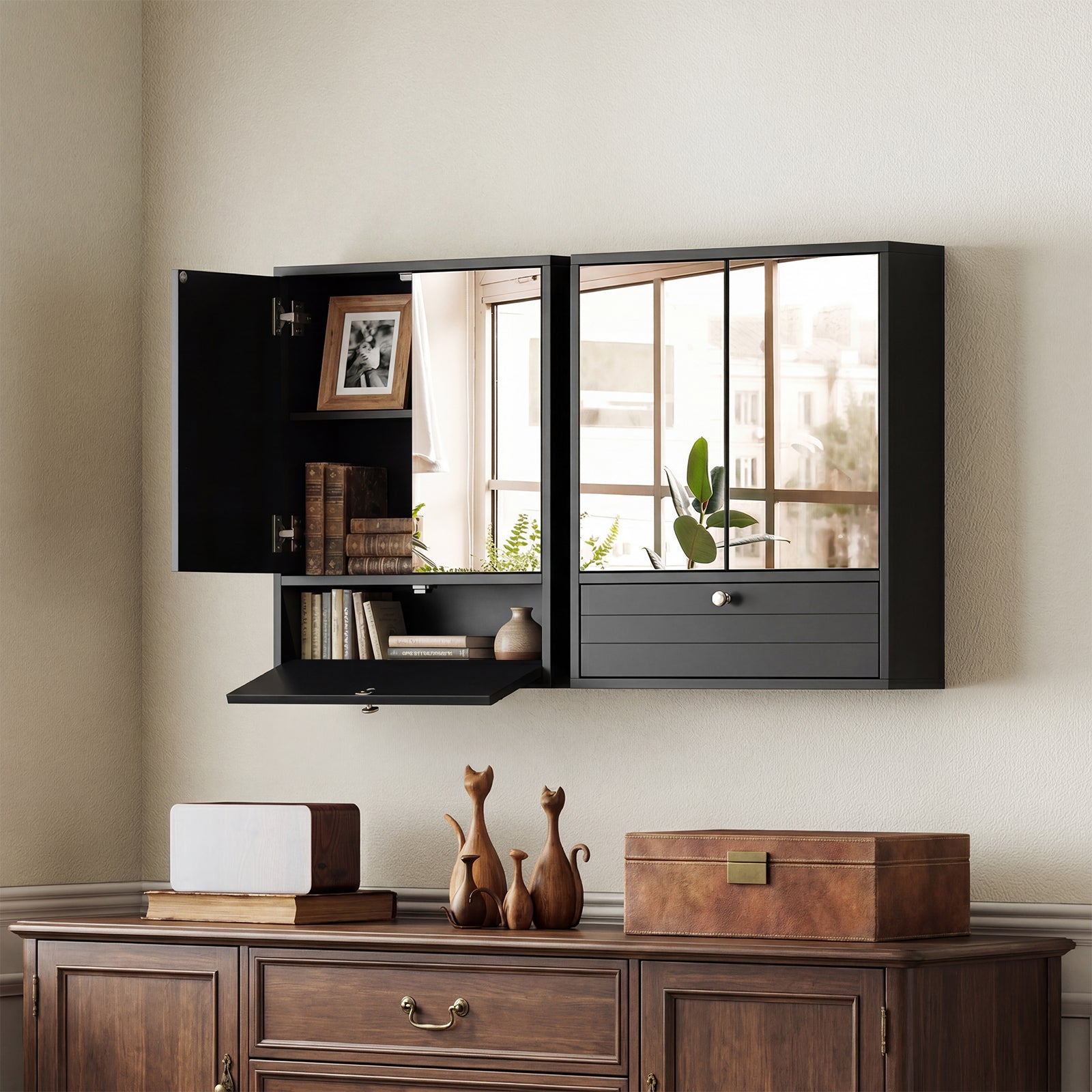 Wall-Mounted Bathroom Cabinet with Mirror and Adjustable Shelf and Flip-Open Compartment-Black